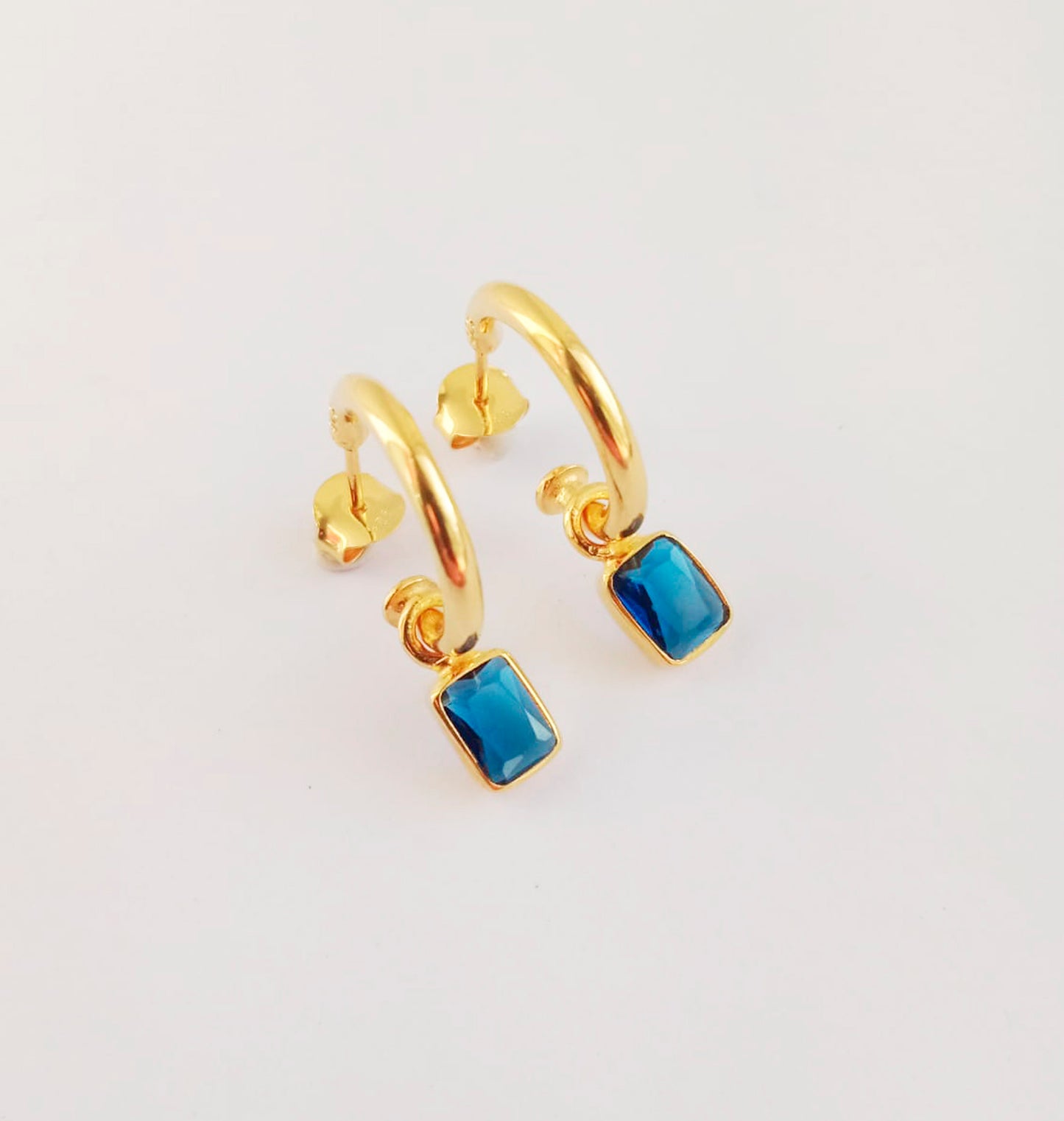 Blue Zircon Gemstone Gold Huggie Hoops
