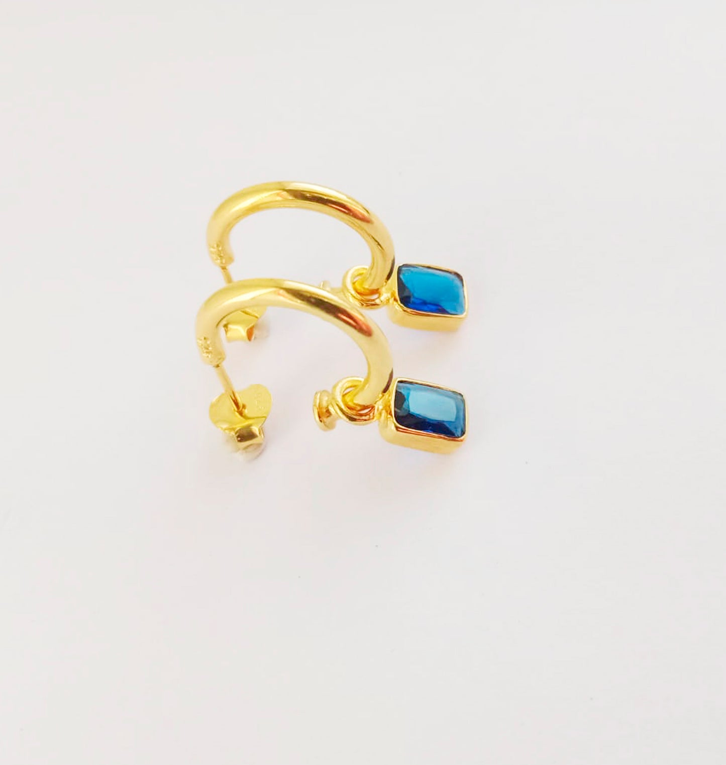 Blue Zircon Gemstone Gold Huggie Hoops