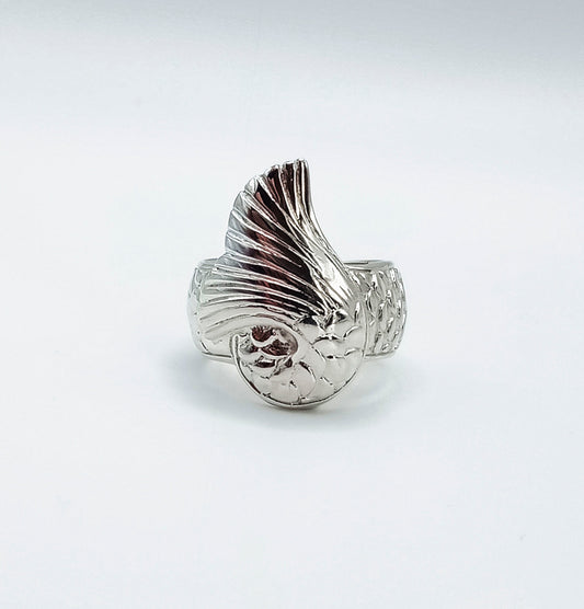 silver mermaid tail ring with open back ring band and scale design franki & felix jewellery