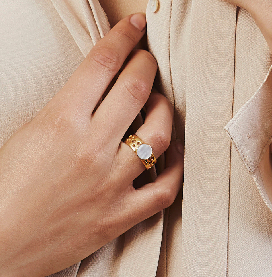 Mother of Pearl Coral Band Gold Ring