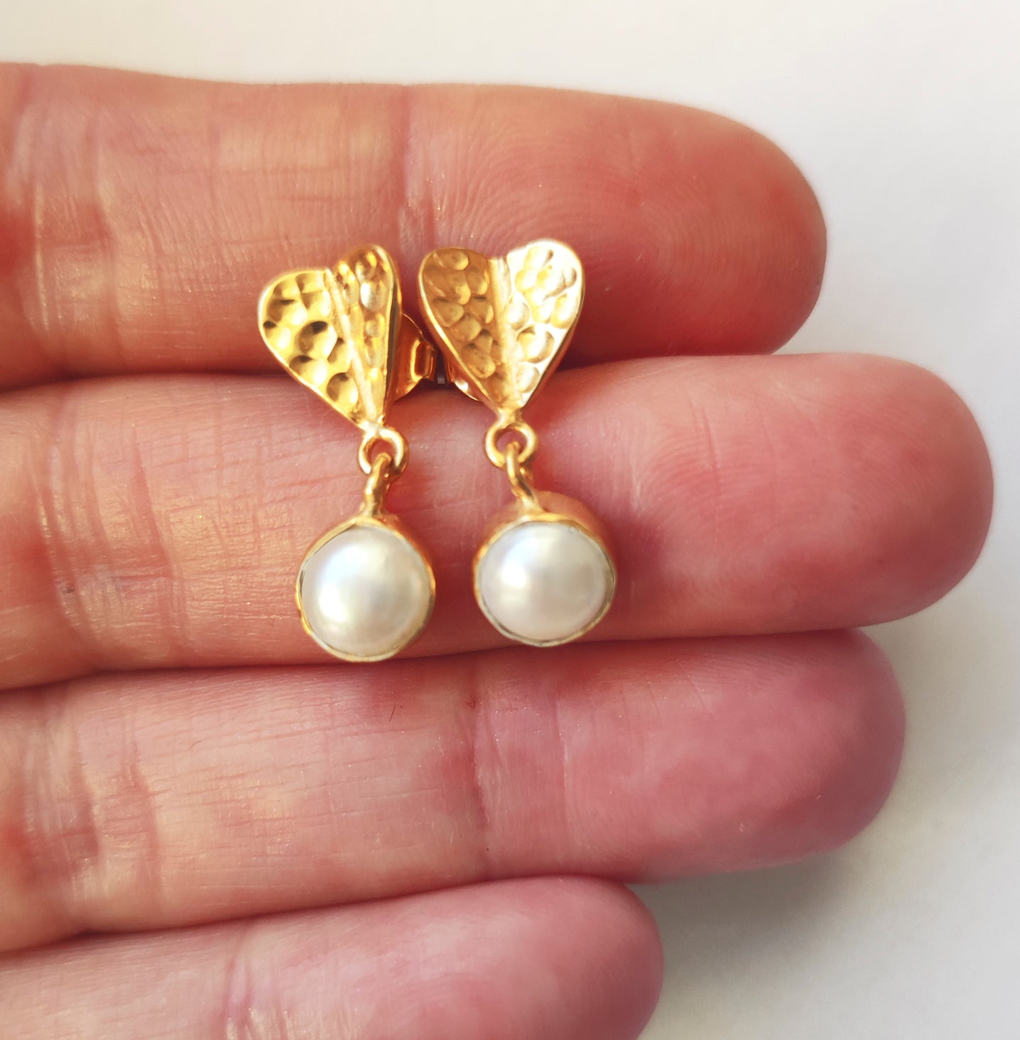 Gold Origami Heart Drop Pearl Earrings