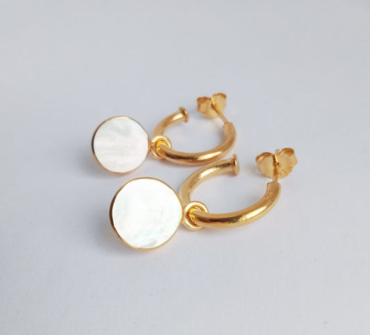 Flat Mother of Pearl Gold Stopper Huggie Hoops