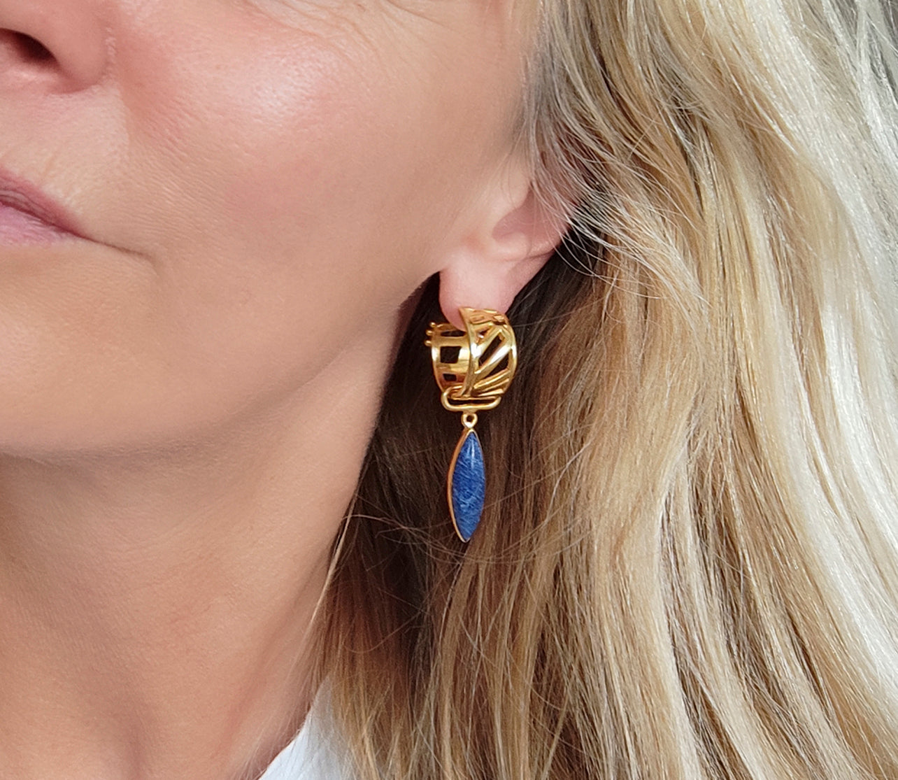 Lapis Lazuli Geometric Drop Hoop Earrings