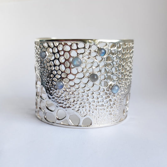 sterling silver 925 wide arm cuff bangle bracelet with coral ocean theme pattern and open back