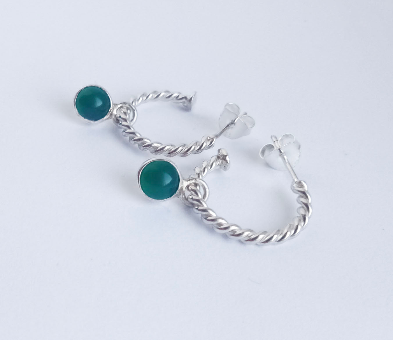 Silver Rope Style Hoops with Green Onyx