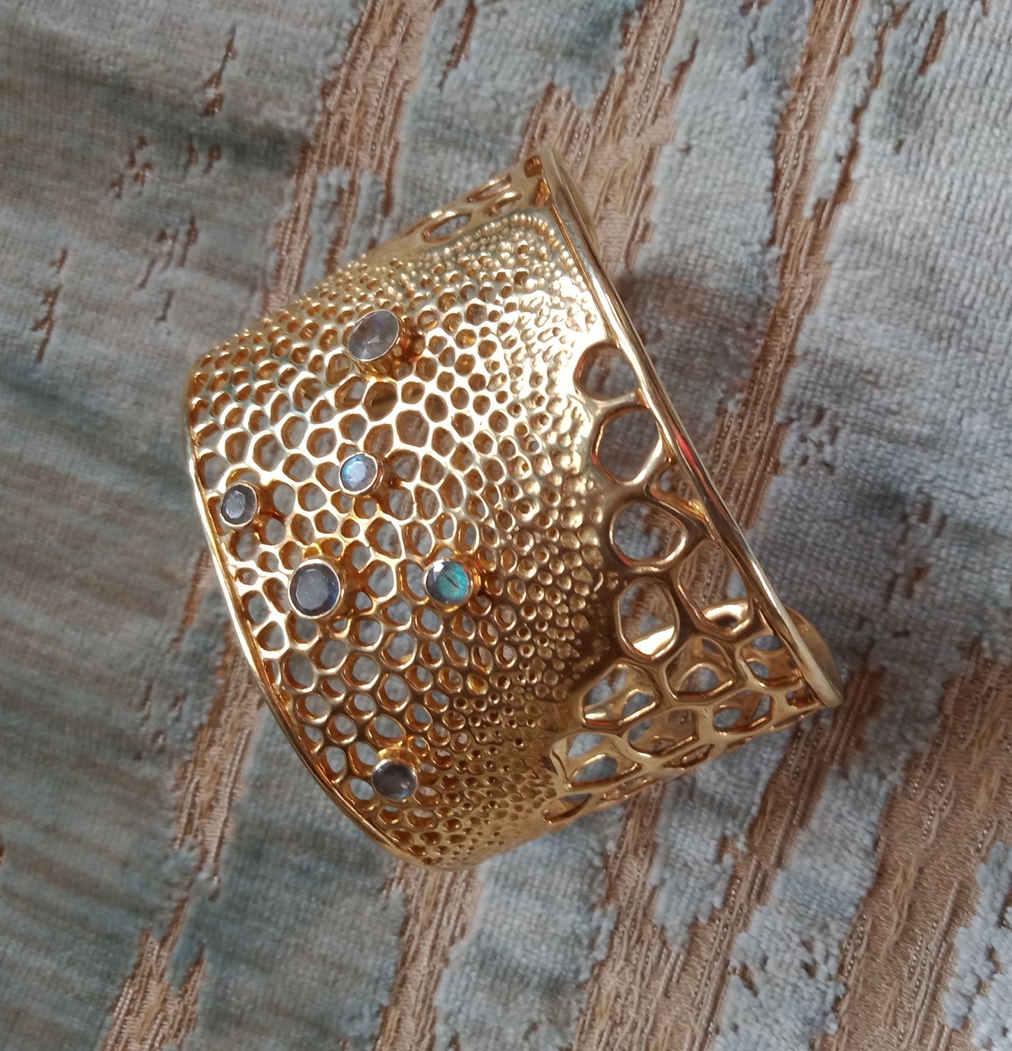 Labyrinth Gold Cuff with Labradorite Gemstones