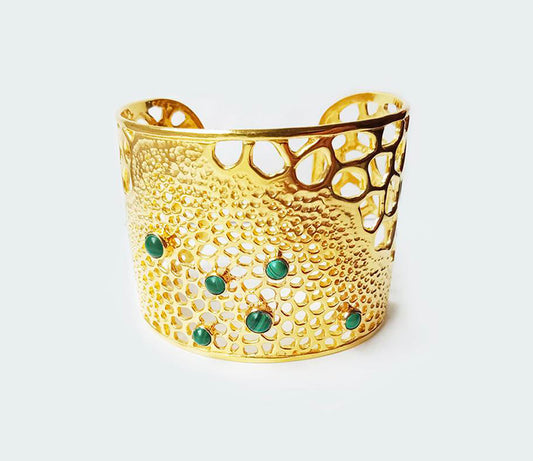 Labyrinth Malachite Gold Cuff Bangle Bracelet
