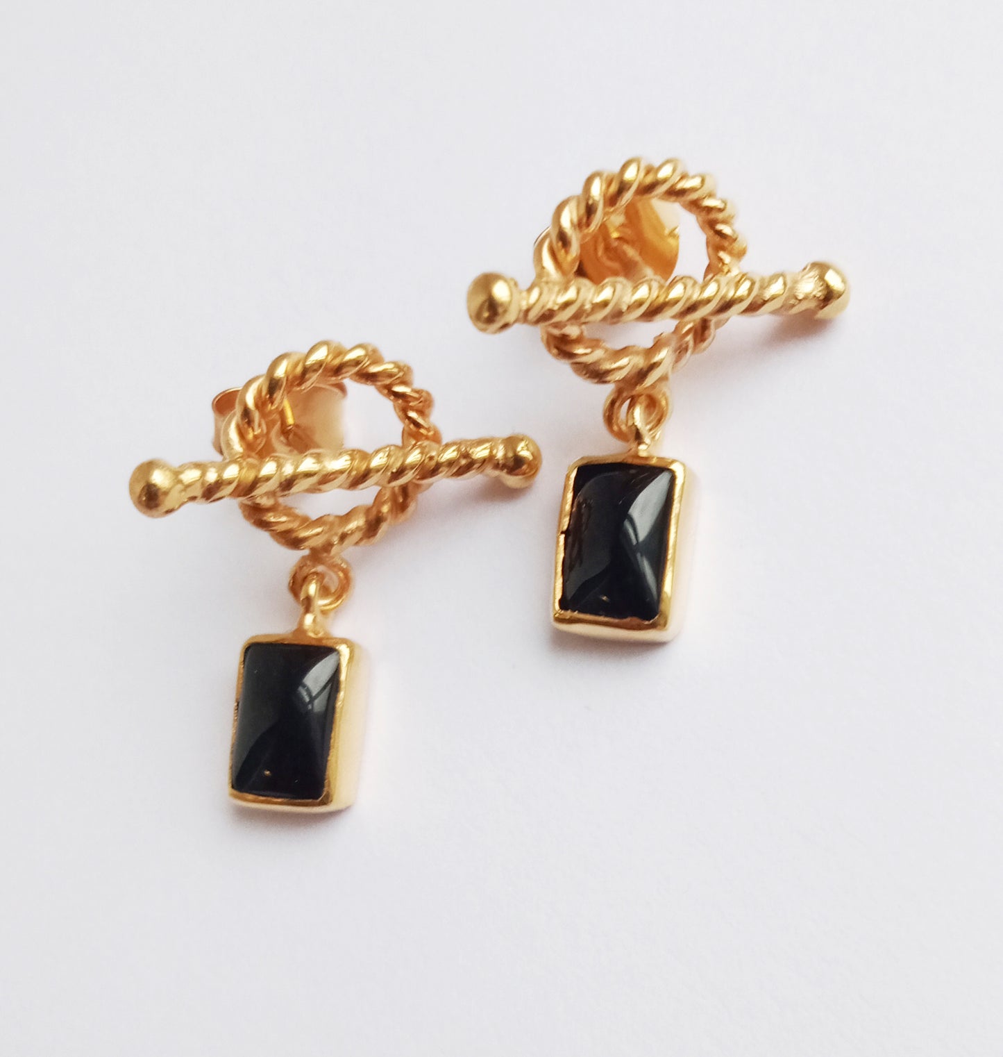 Black Onyx Toggle Gold T Bar Stud Earrings