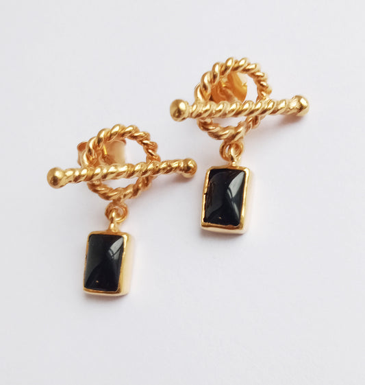 Black Onyx Toggle Gold T Bar Stud Earrings