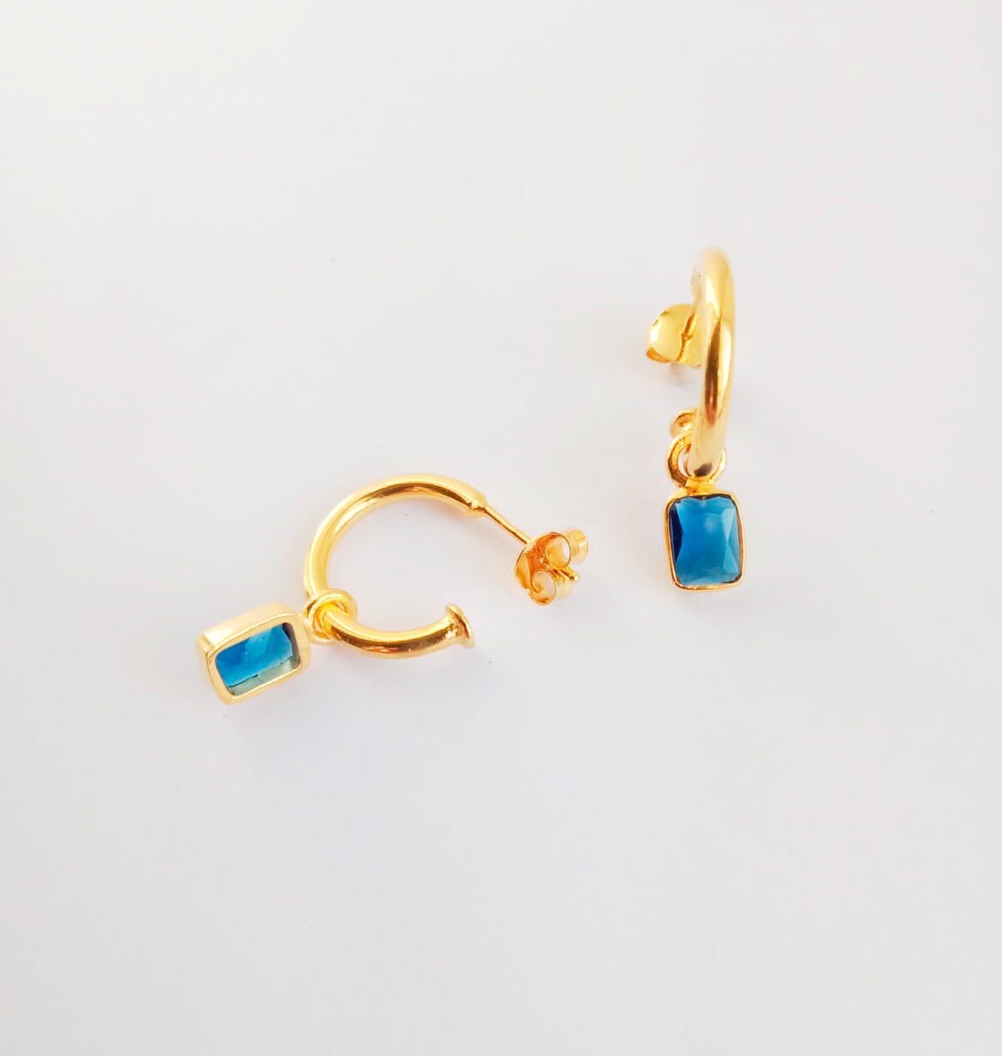 Blue Zircon Gemstone Gold Huggie Hoops