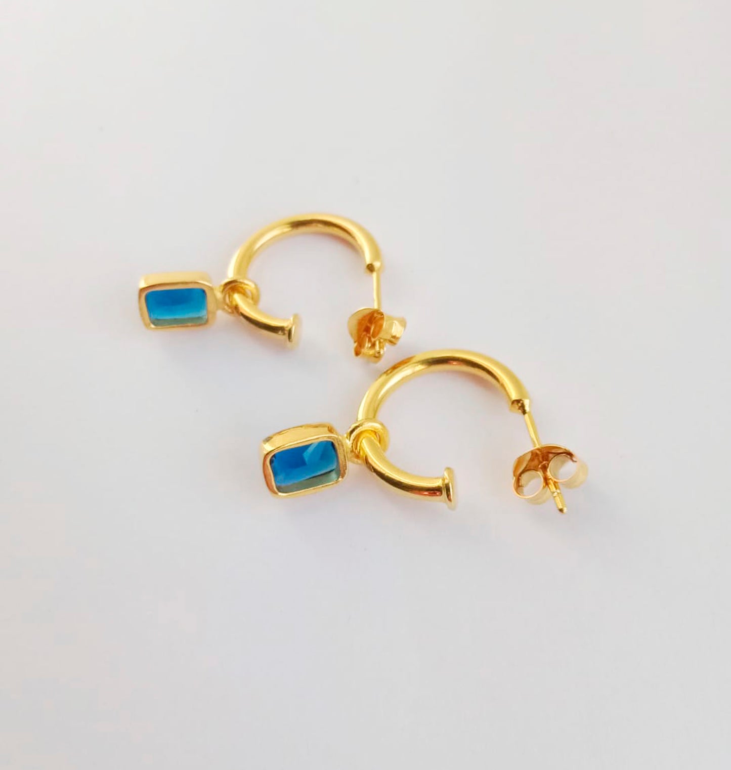 Blue Zircon Gemstone Gold Huggie Hoops
