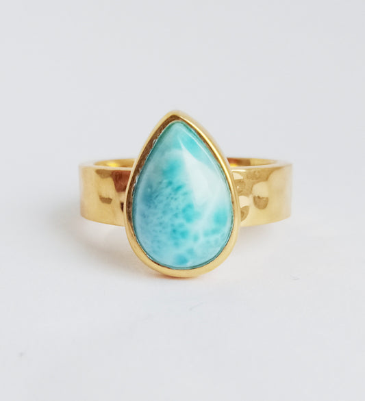 Larimar Gold Hammered Ring