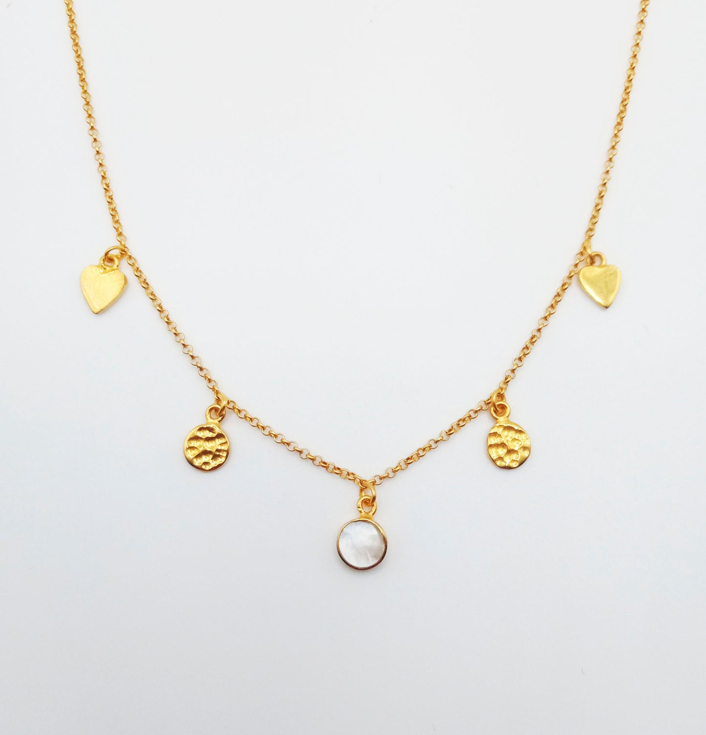 18kt gold vermeil sterling silver chain with mini heart charms and mother of pearl franki and felix jewellery
