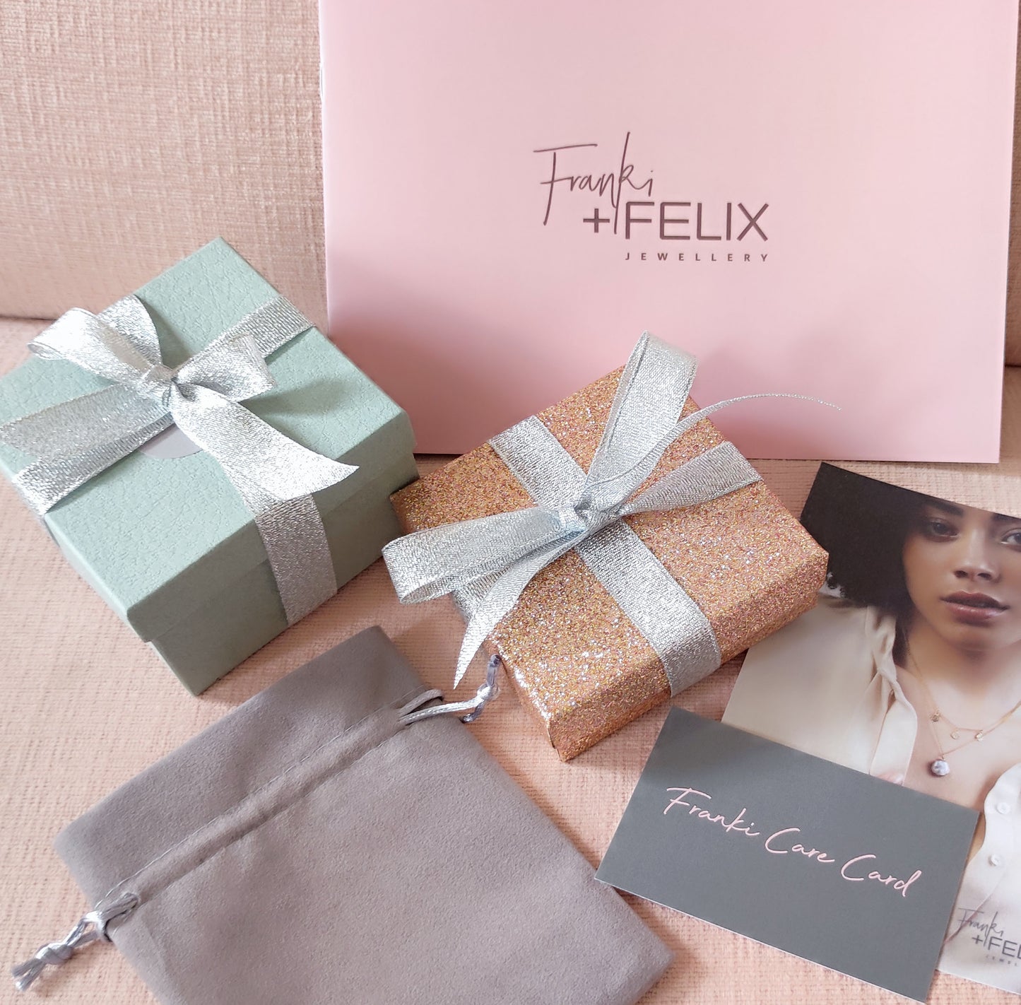 gift wrapping grey box and rose gold glitter box and catalogue franki & felix jewellery