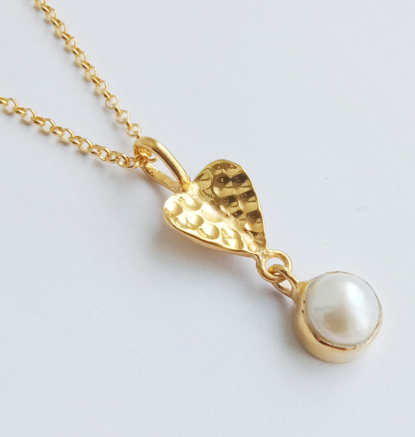 Gold Origami Heart Drop Pearl Pendant Necklace