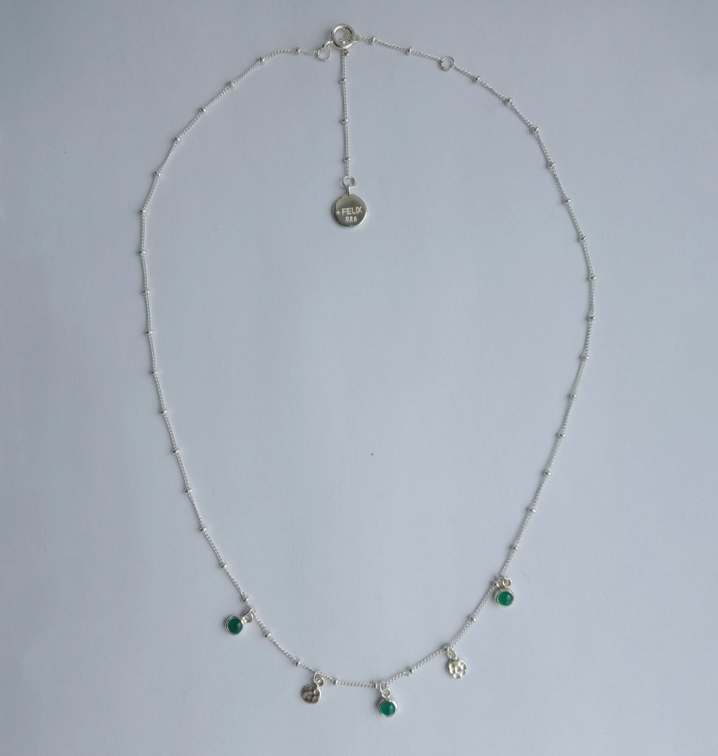 Green Onyx Silver Disk Droplet Necklace