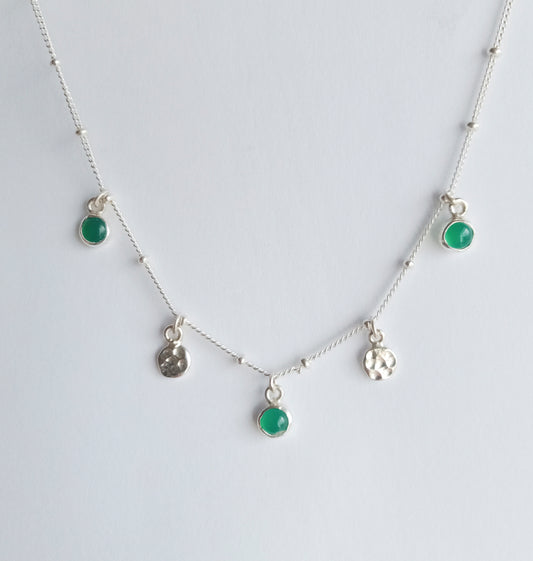 Green Onyx Silver Disk Droplet Necklace