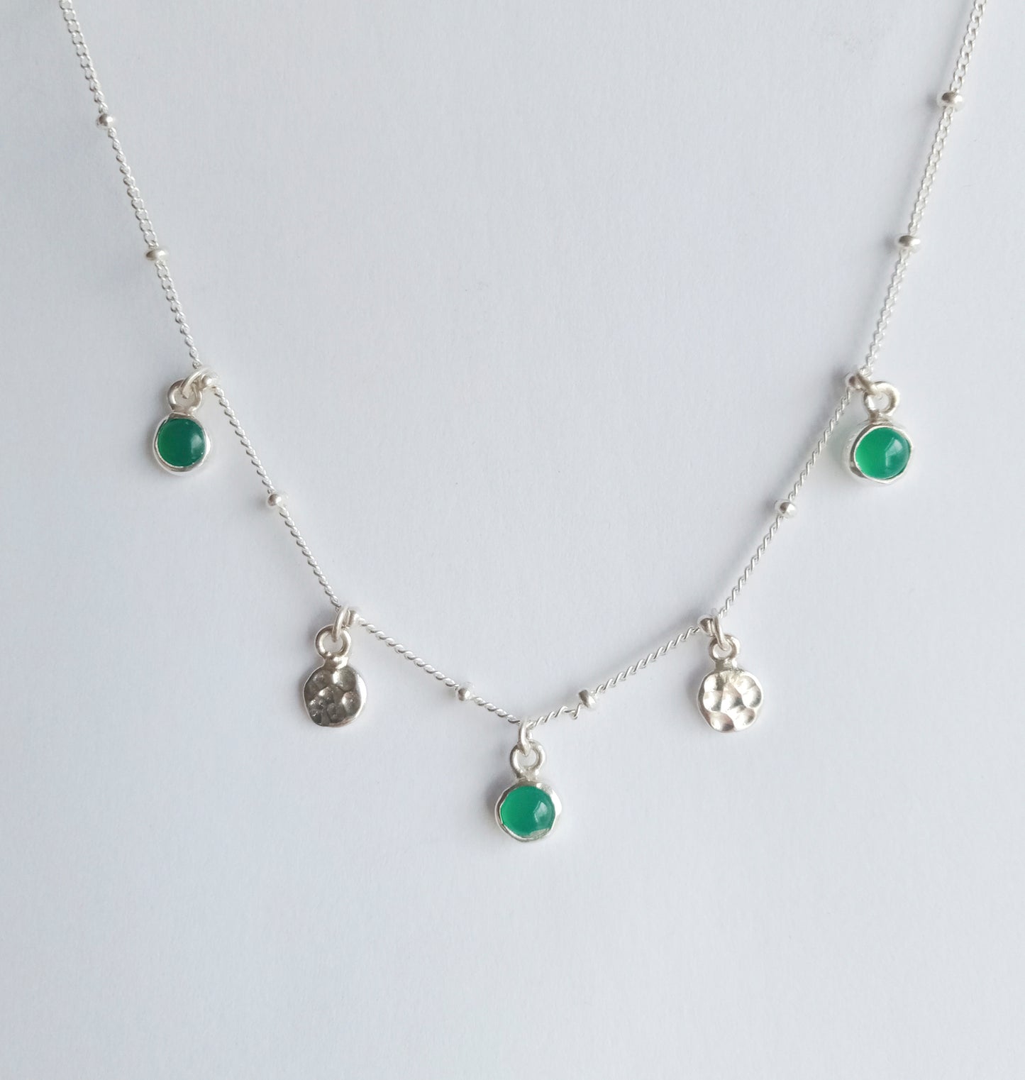 Green Onyx Silver Disk Droplet Necklace