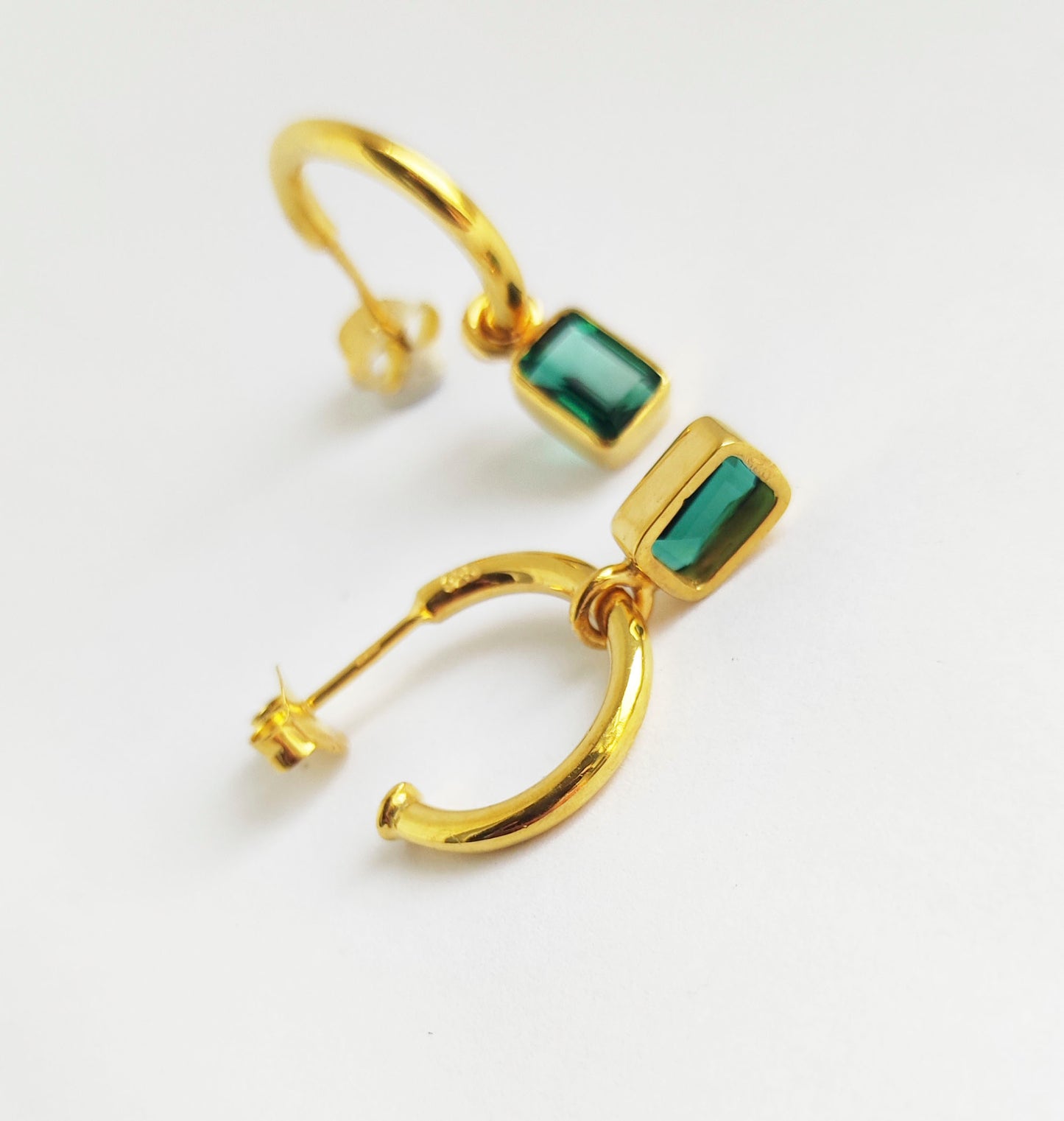 Emerald Green Quartz Gold Dangle Huggie Hoops