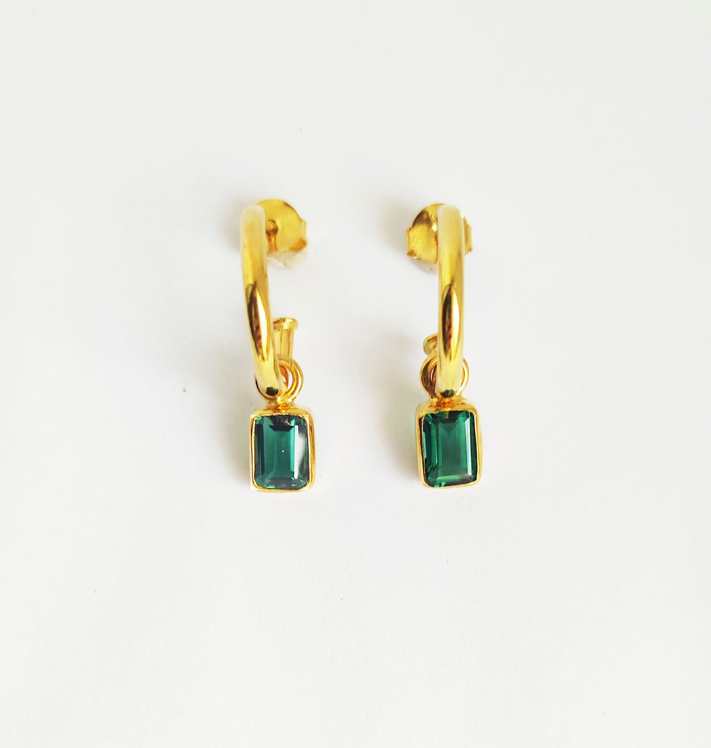 Emerald Green Quartz Gold Dangle Huggie Hoops