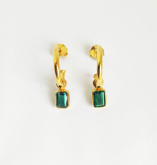 Emerald Green Quartz Gold Dangle Huggie Hoops