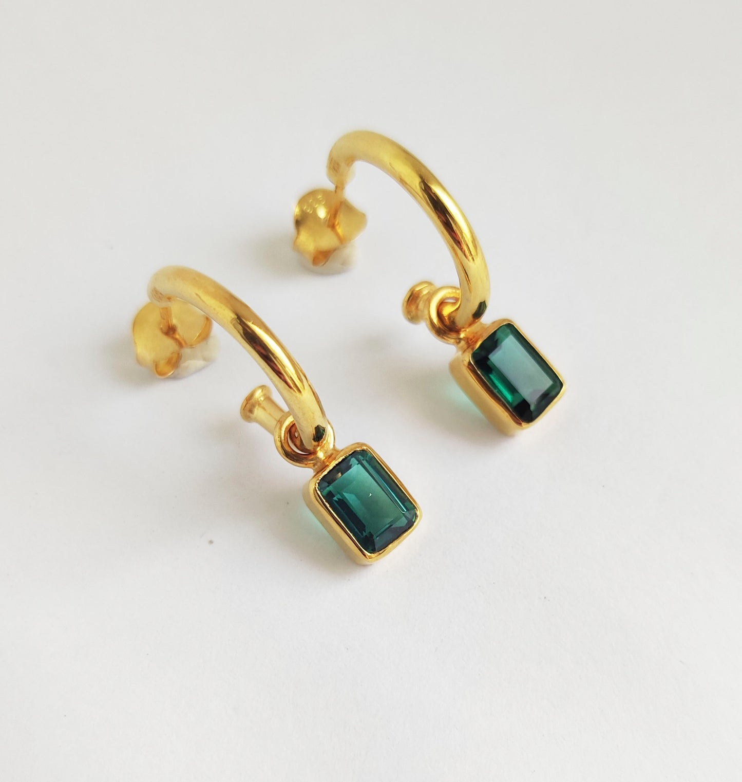 Emerald Green Quartz Gold Dangle Huggie Hoops
