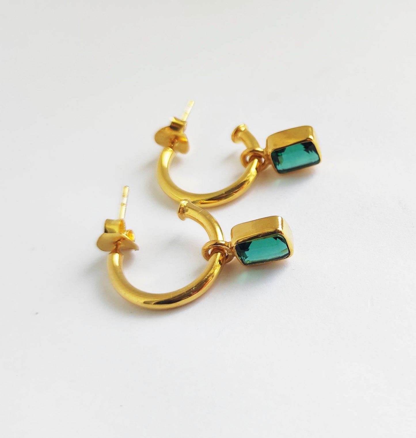 Emerald Green Quartz Gold Dangle Huggie Hoops