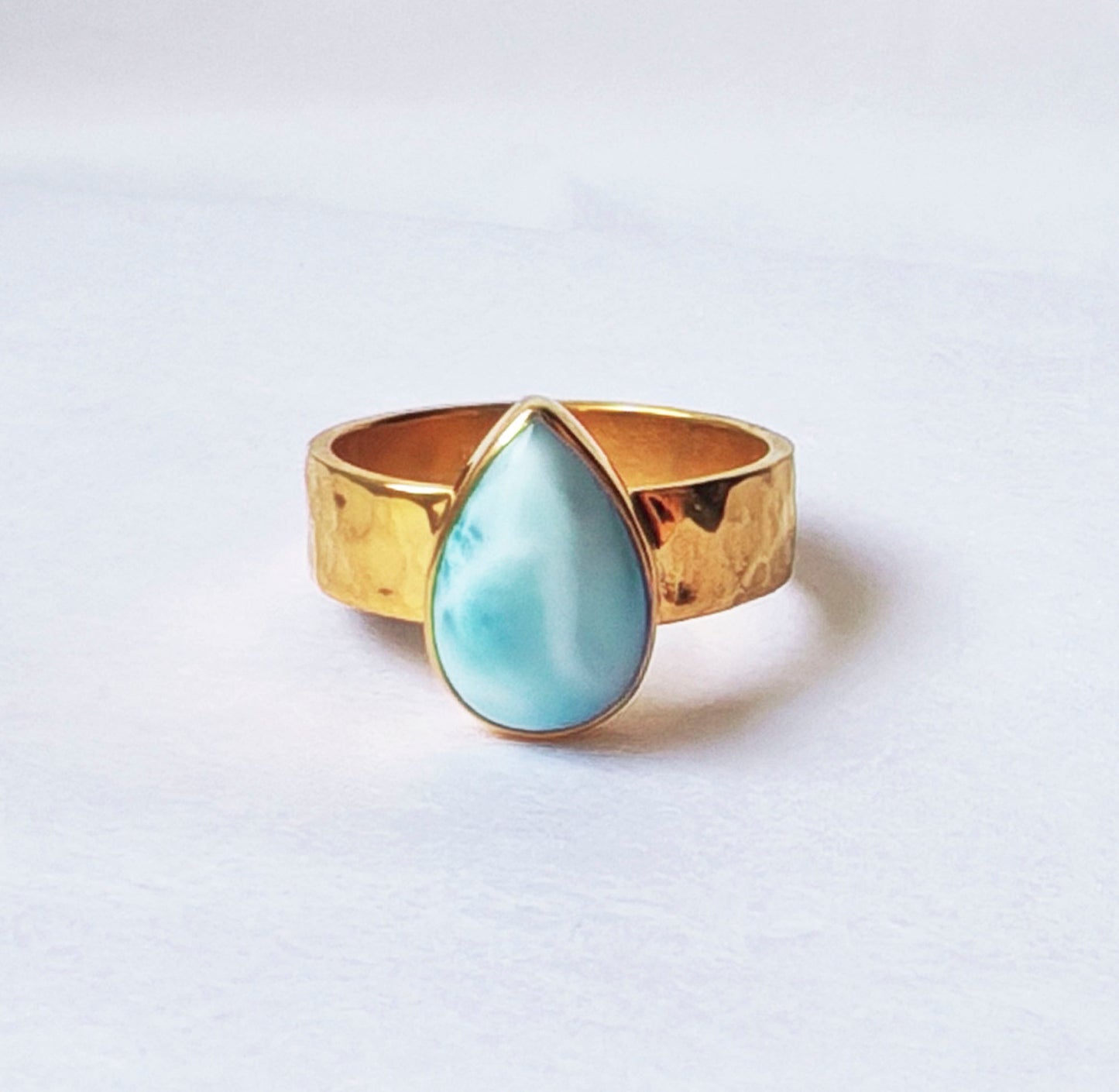 Larimar Gold Hammered Pear Shape Ring