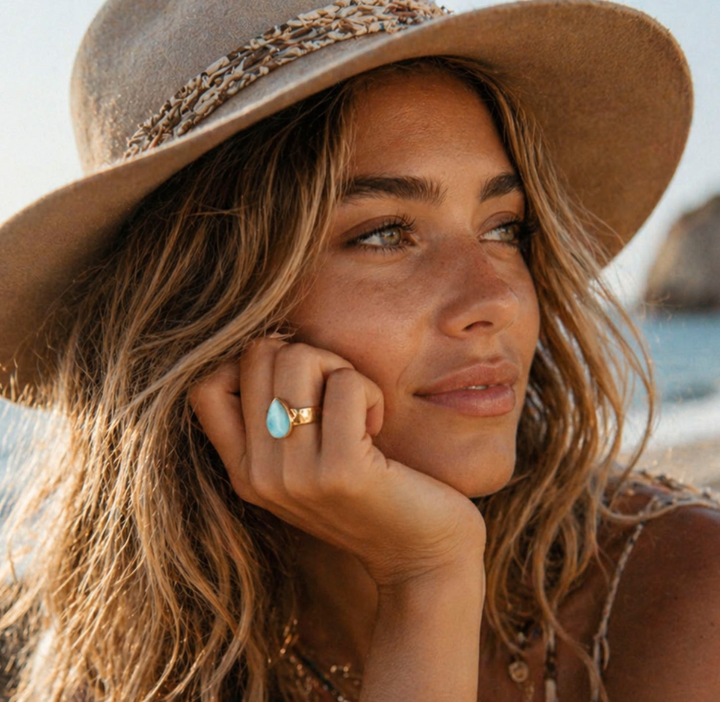 Larimar Gold Hammered Pear Shape Ring