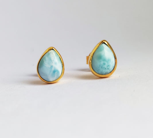 Larimar Teardrop Gold Stud Earrings