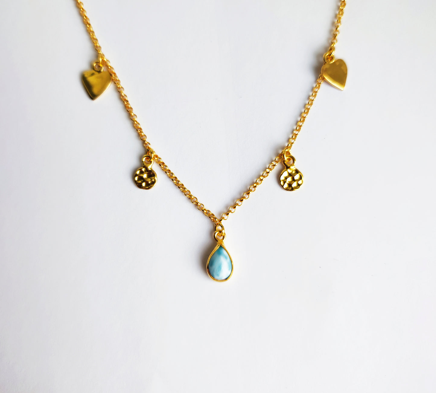 Dainty Larimar Gold Layering Necklace with Hearts