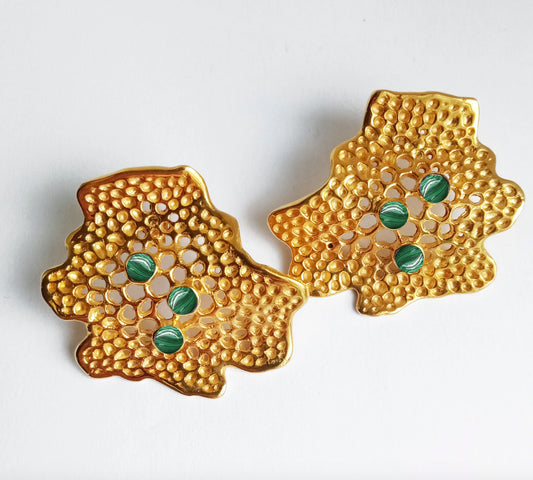 Coral Wave Gold Studs with Green Malachite
