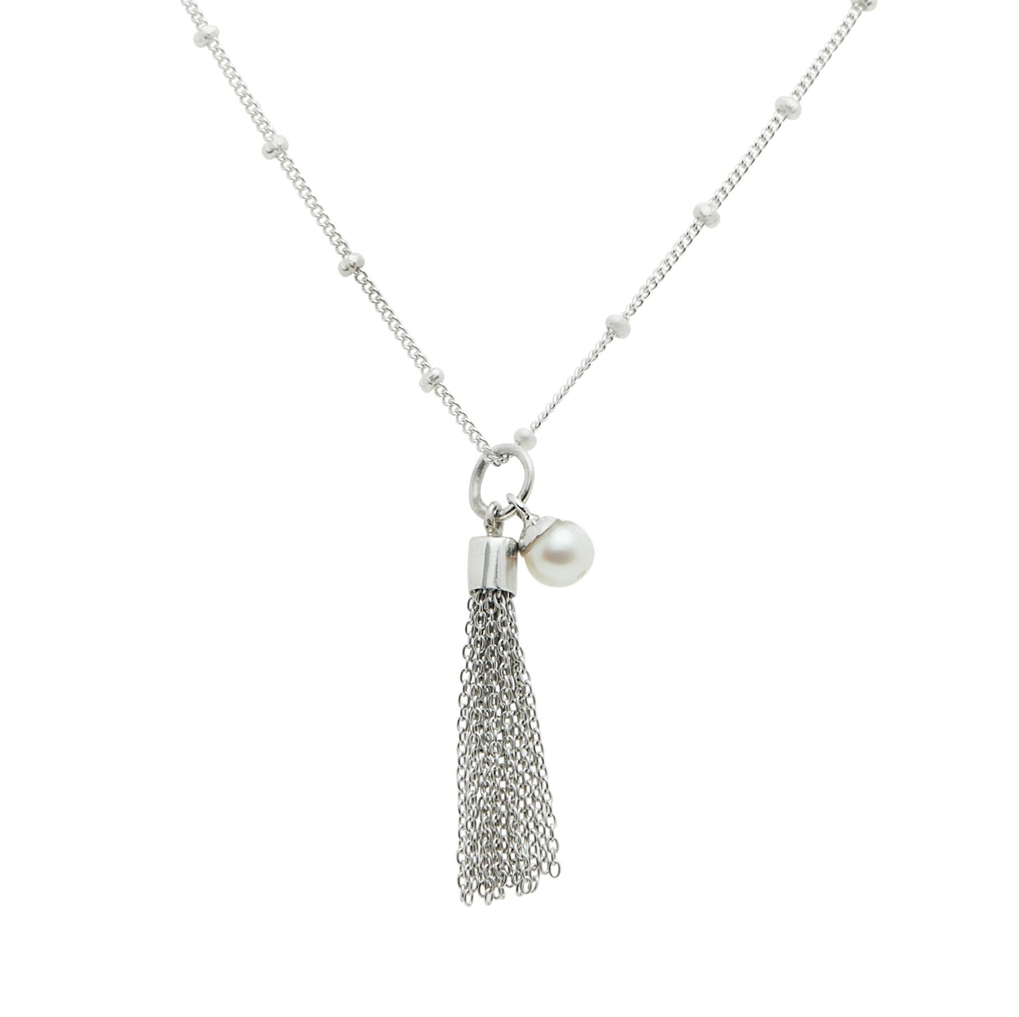 Silver Tassel Necklace with Small Pearl