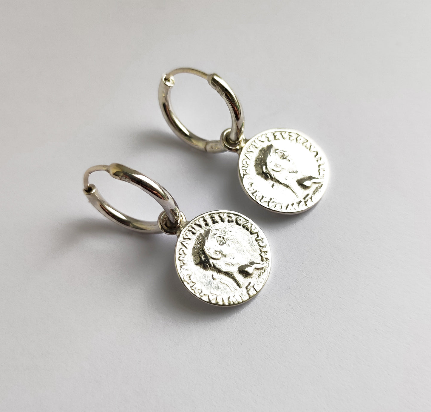 Sterling Silver Roman Coin Hoop Earrings