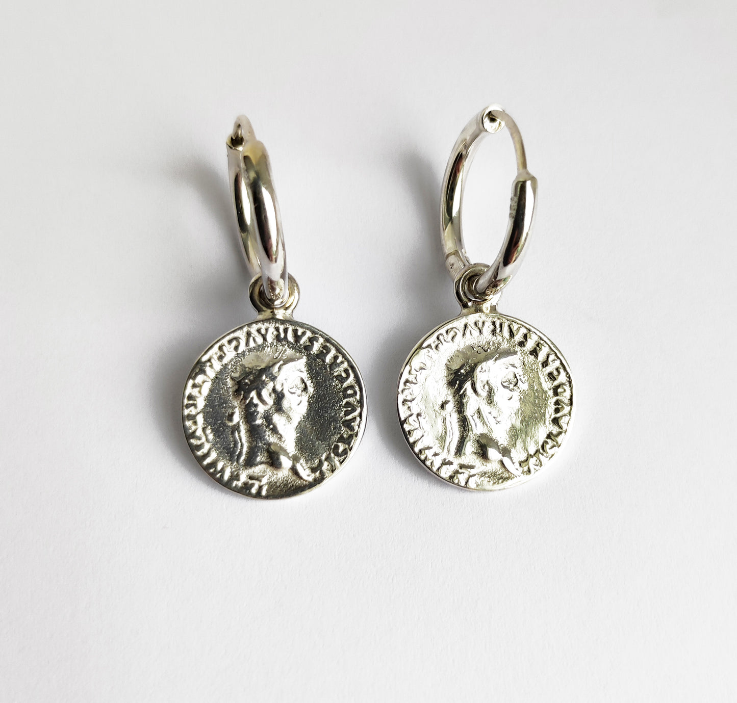 Sterling Silver Roman Coin Hoop Earrings