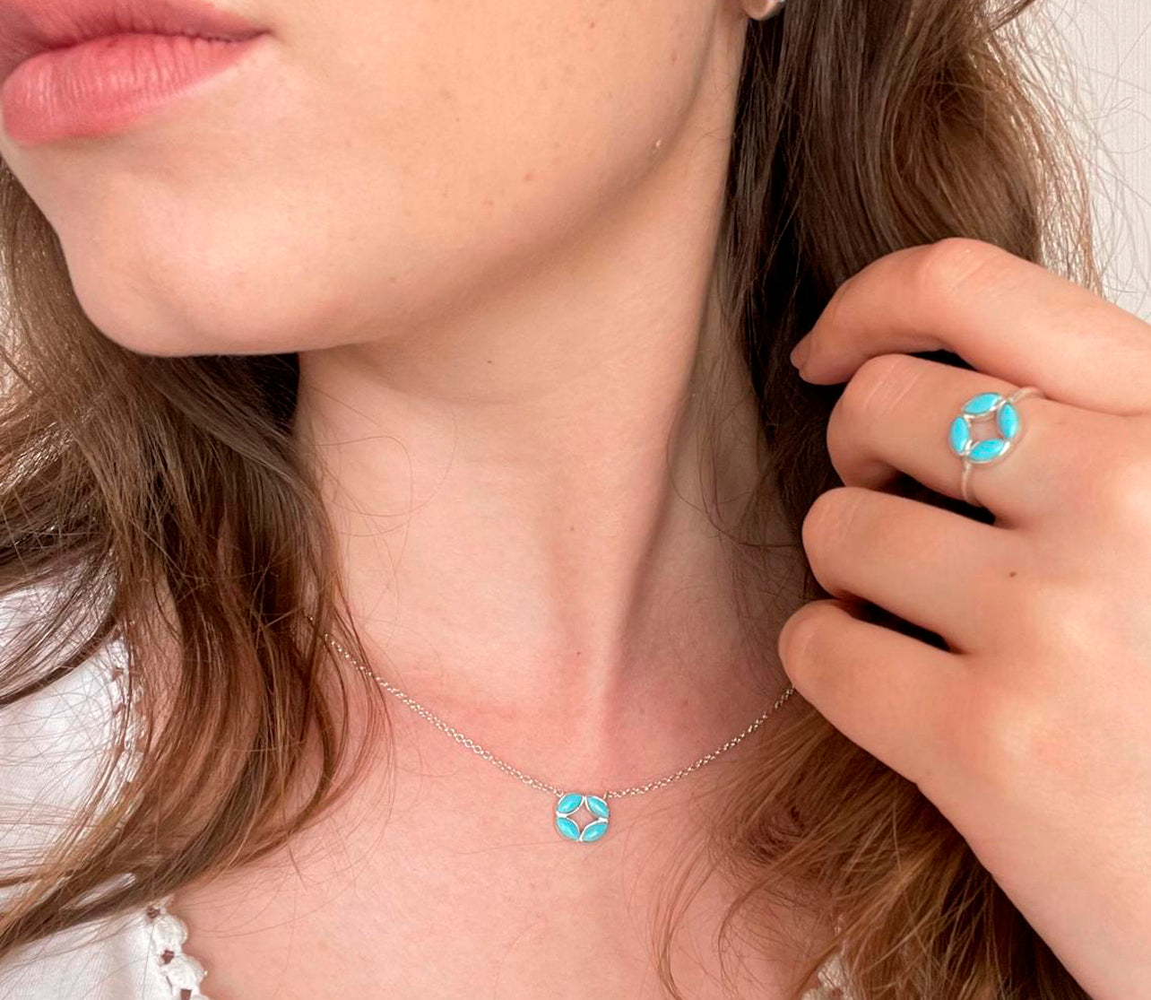 Turquoise Gemstone Dainty Sterling Silver Flower Necklace