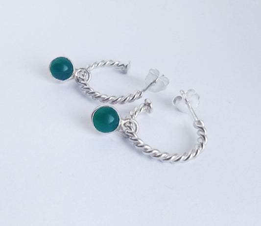 Silver Rope Style Hoops with Green Onyx