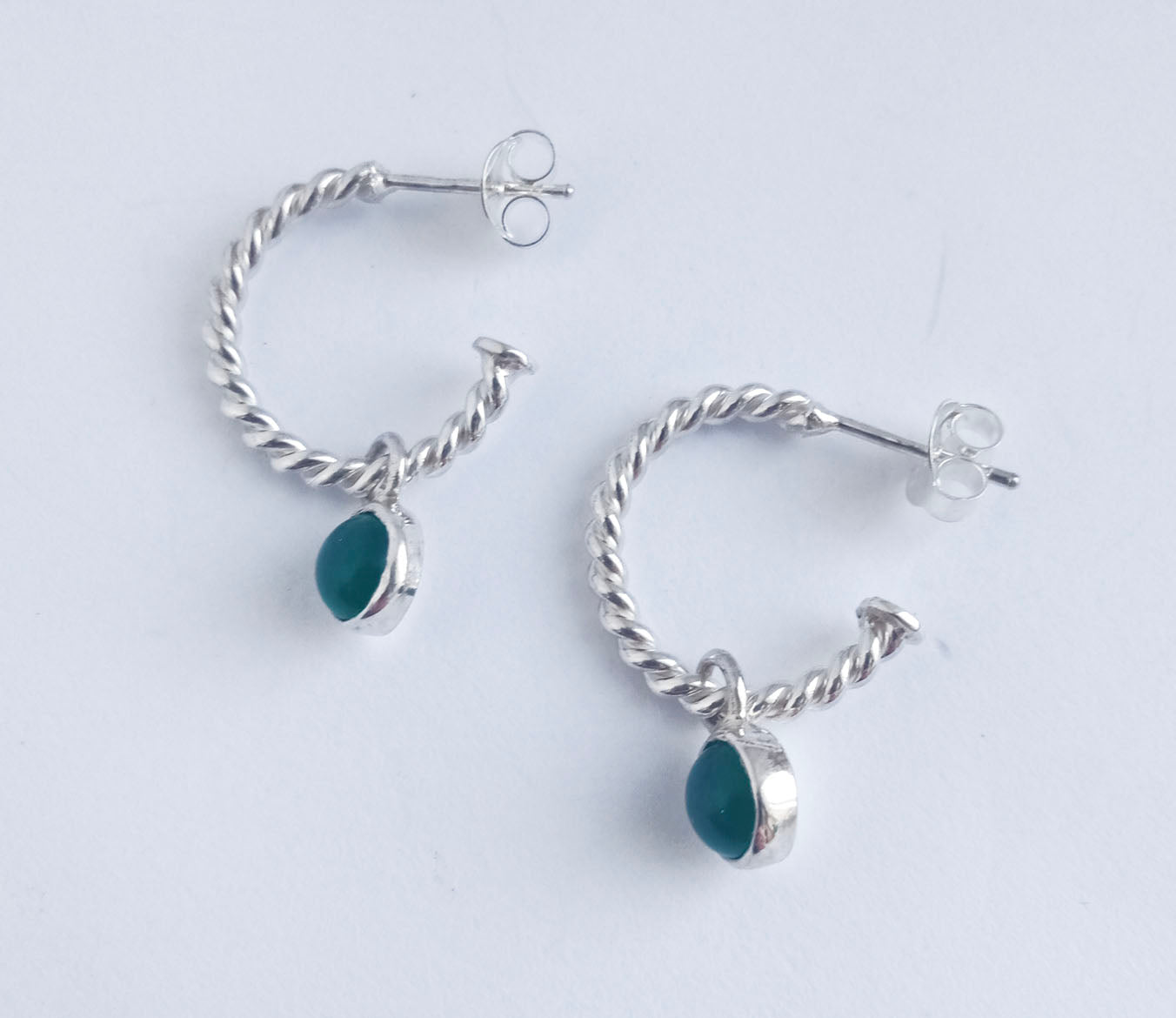 Silver Rope Style Hoops with Green Onyx