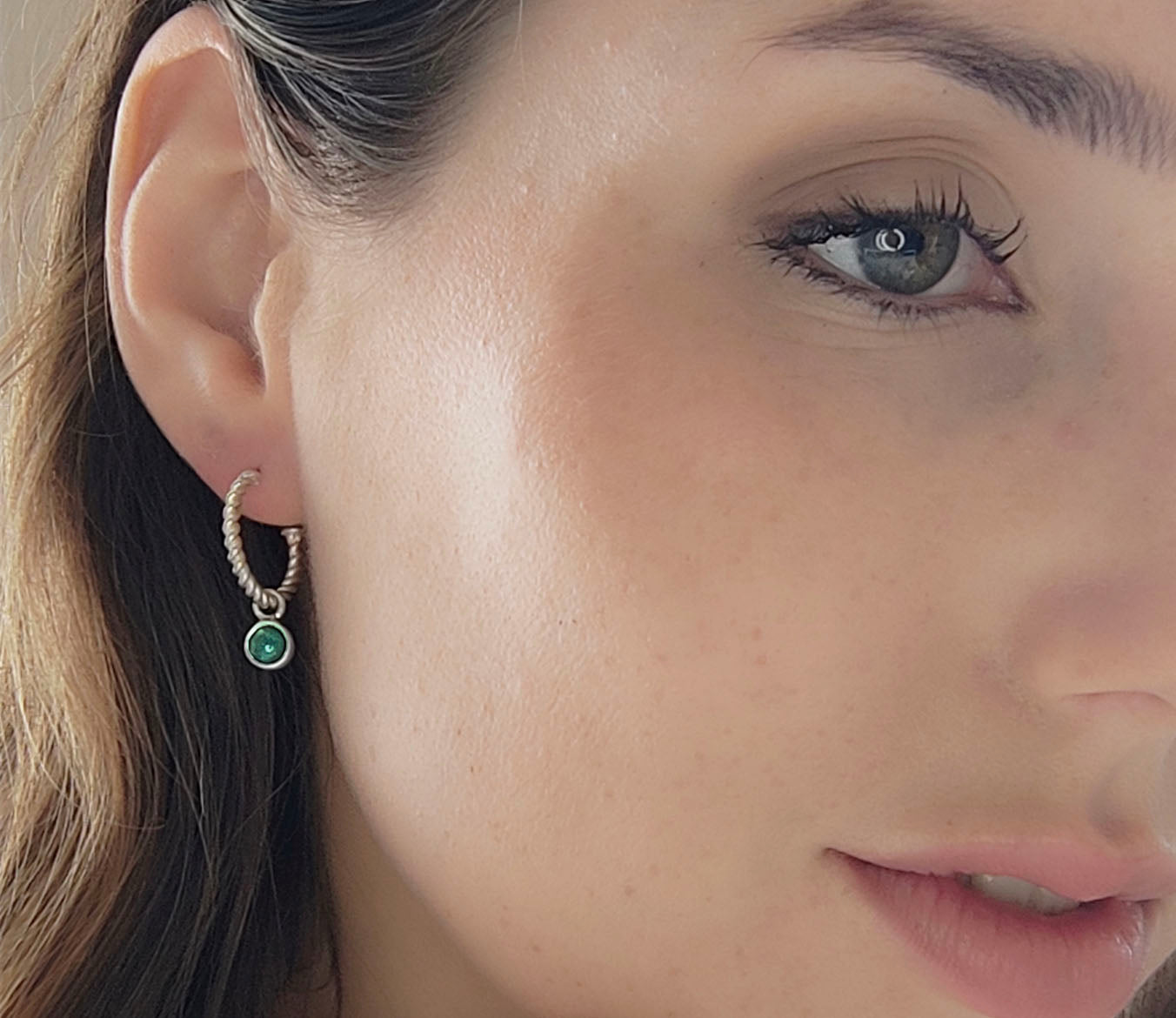Green Onyx Silver Hoops