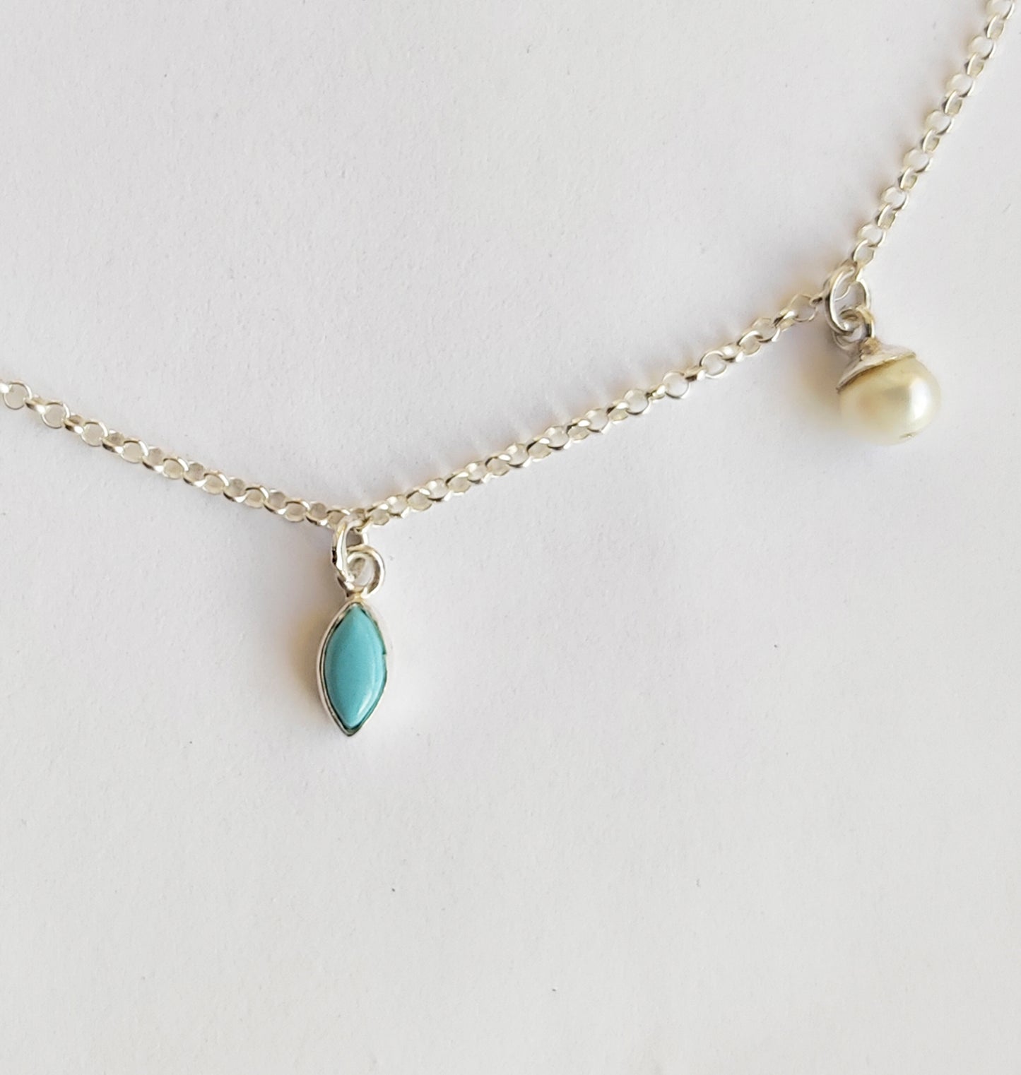 Turquoise and Pearl Silver Charm Necklace