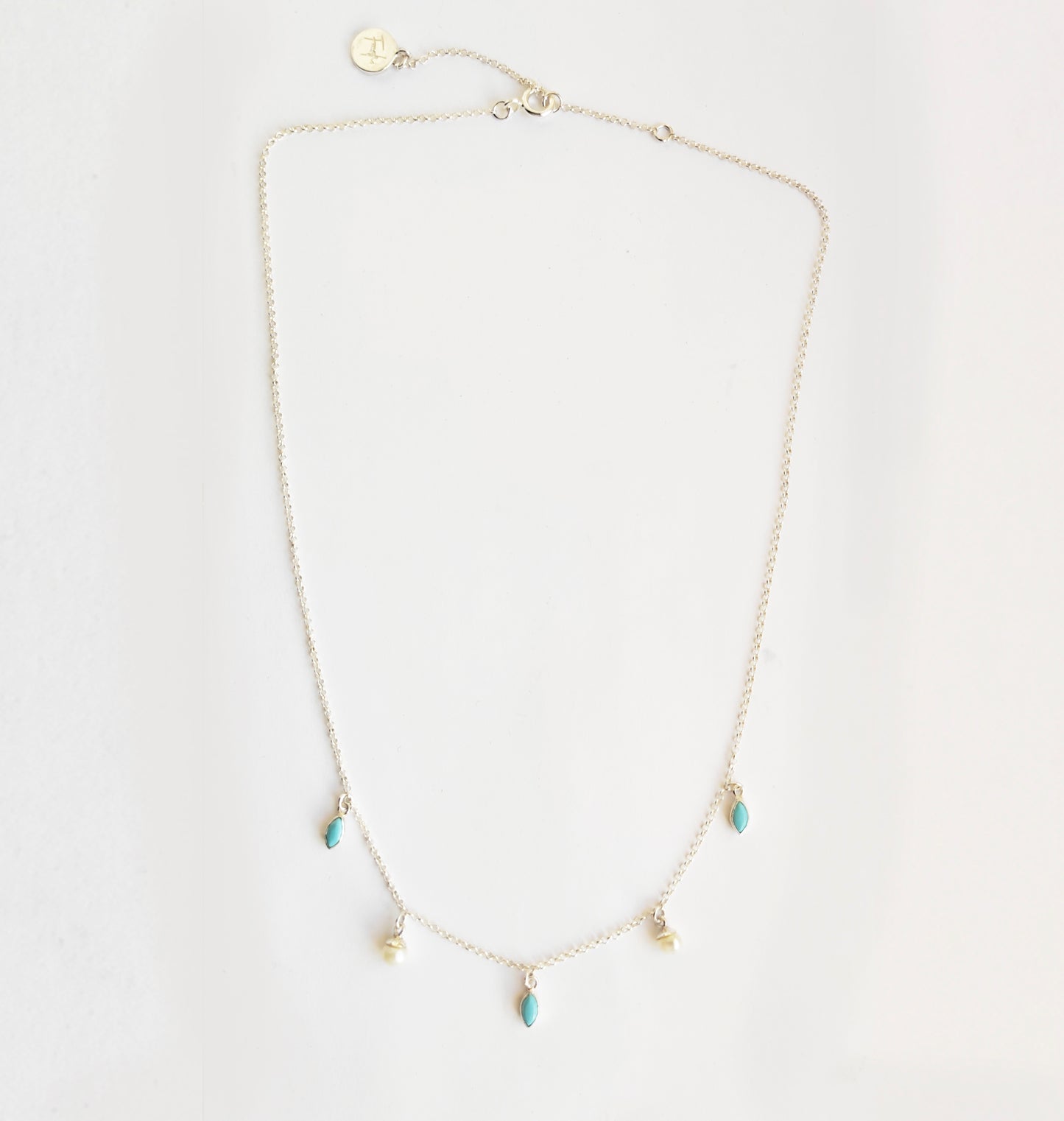 Turquoise and Pearl Silver Charm Necklace