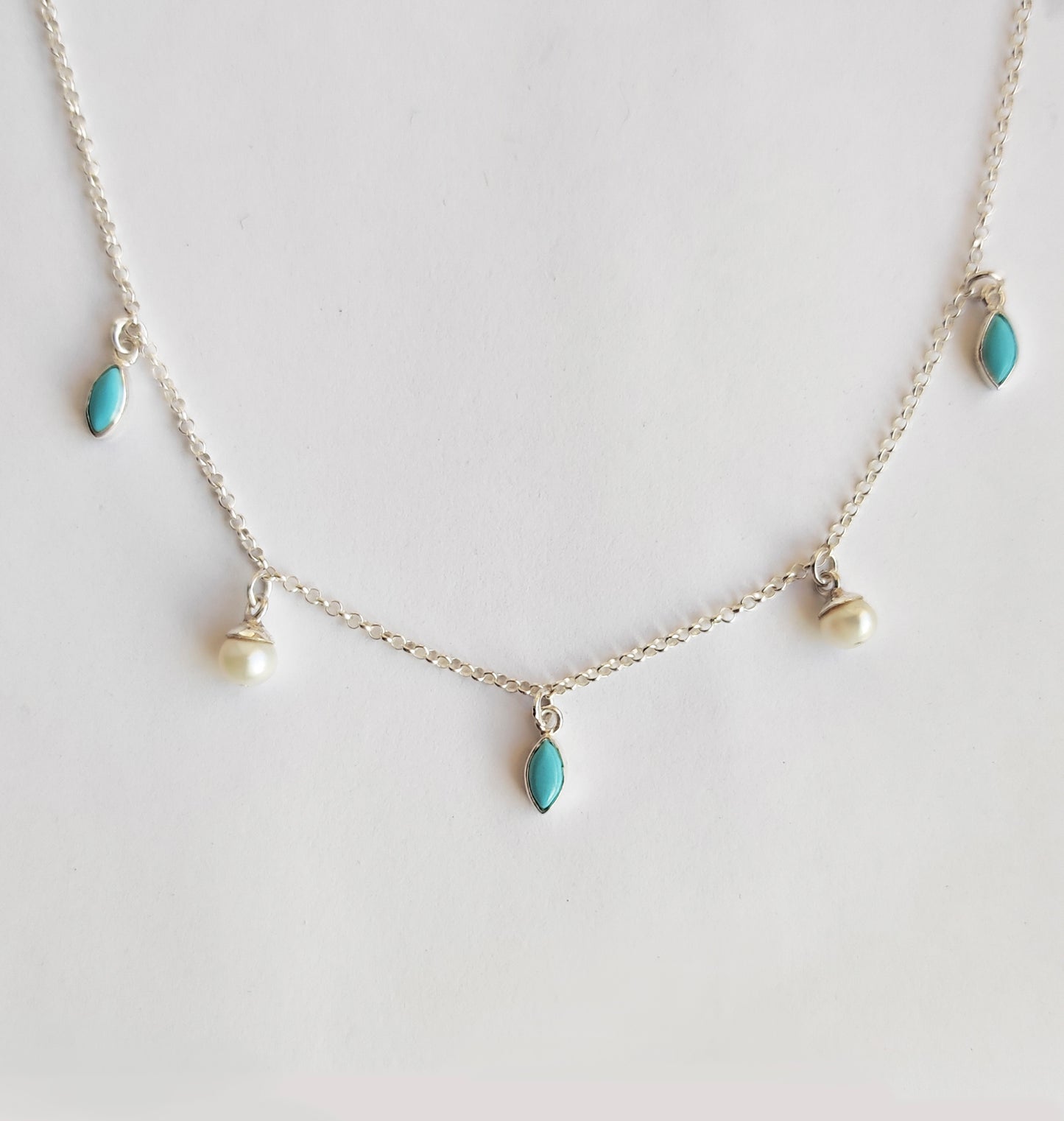Turquoise and Pearl Silver Charm Necklace