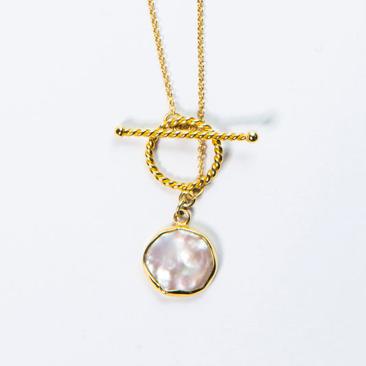 Gold Pearl Front Fasten T Bar Necklace