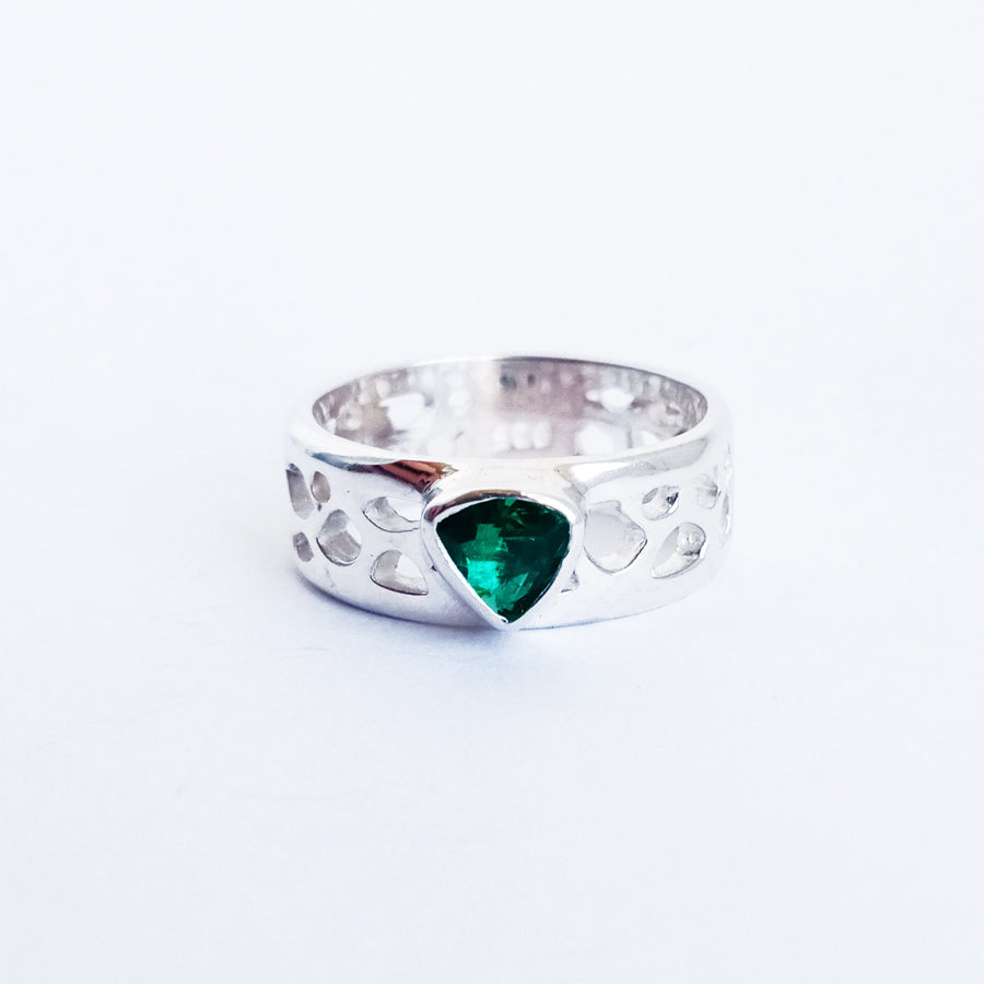 Trillion Emerald Green Quartz Triangle Silver Ring