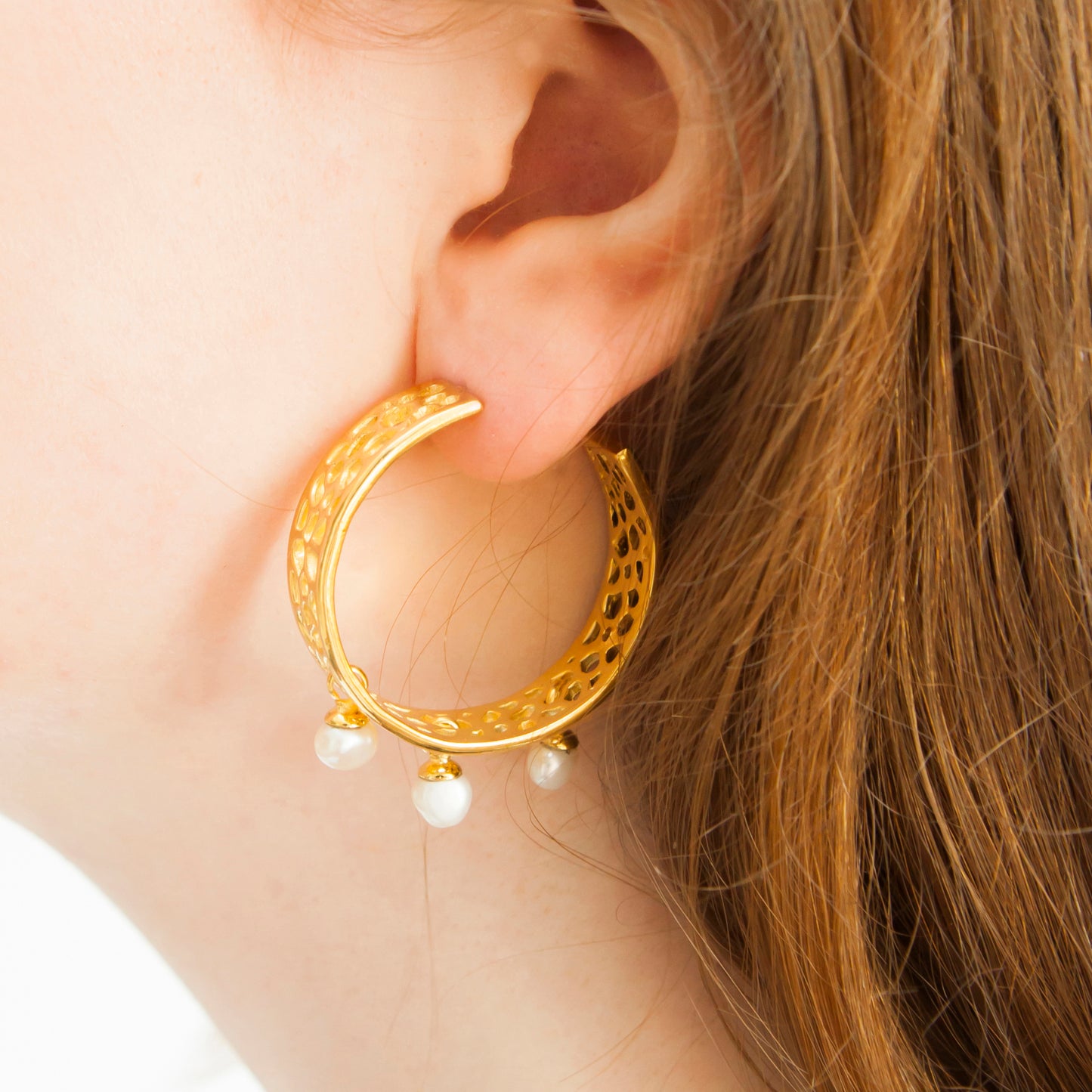 Labyrinth Coral Big Gold Hoops with Keshi Seed Pearls