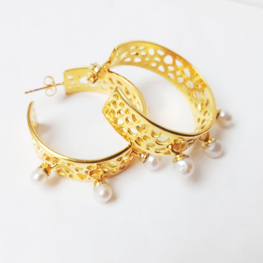 Labyrinth Coral Big Gold Hoops with Keshi Seed Pearls