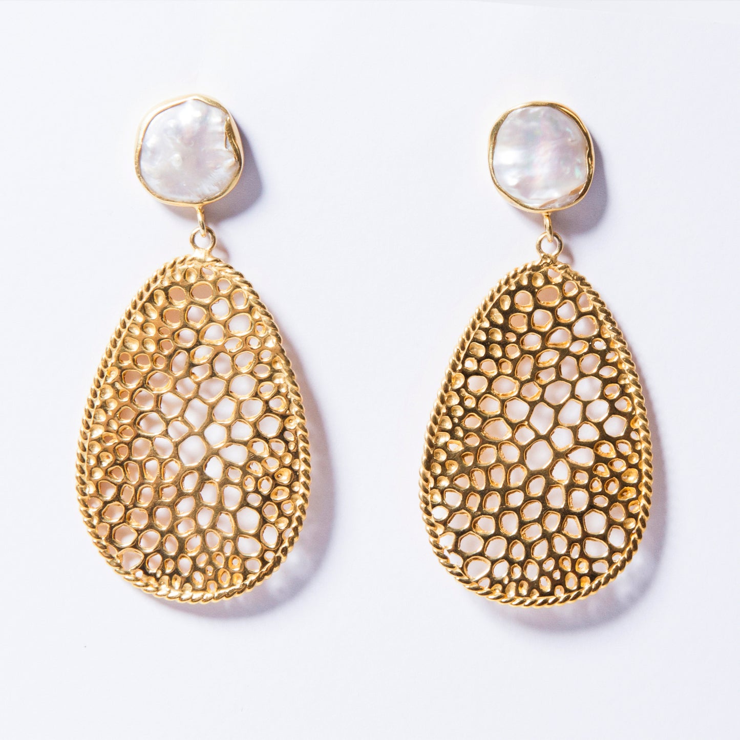 Labyrinth Pearl & Gold Dangle Teardrop Earrings