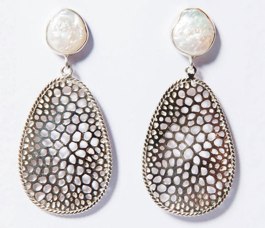 Labyrinth Baroque Pearl Silver Teardrop Earrings