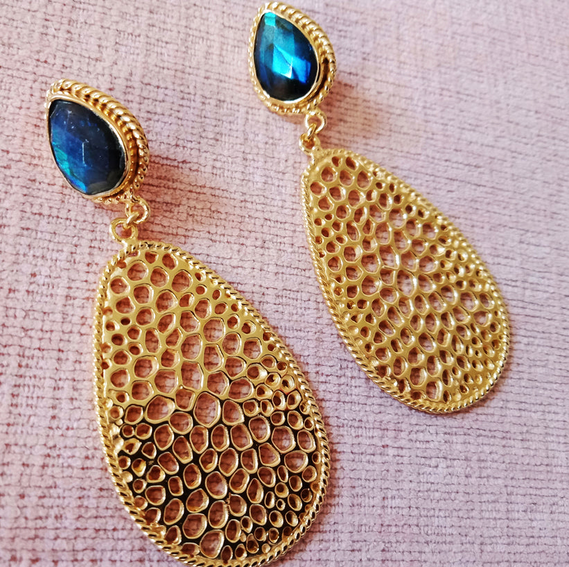 Labradorite Large Gold Teardrop Earrings