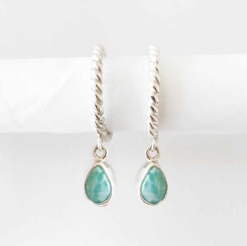 Larimar Teardrop Twisted Silver Rope Hoops